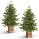 Jin&Bao 4FT Potted Christmas Tree with 100 Lights, 2 Pack Artificial Xmass Tree Timer Function with Real-Like Tips & Round Branches, 3AA Battery Operated Christmas Decorations for Outdoor, Porch (Classic Green)