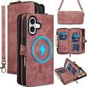 Rssviss Wallet Case for iPhone 15 Pro Max Crossbody with Card Holder Wrist Strap, Flip Zipper Case Compatible with Magsafe, RFID Blocking Purse Cover for iPhone 15 Pro Max Women Men 6.7 inch