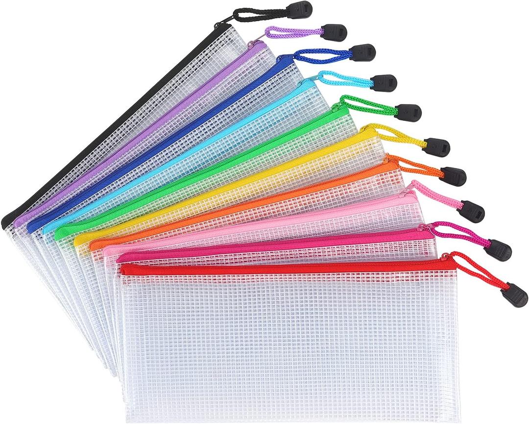 Tamaki 10 Pack Mesh Zipper Pouch Document Waterproof Zip File Bags Plastic Pencil Pouches A6 Size for Classroom Organization School Office Supplies