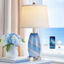 Blue Lamp for Bedroom & Bedside with 3-Way Lighting Modes & USB C+A - Modern Style Glass Nightstand Table Lamp for Living Room & Bedroom Decoration (23.5" H)