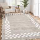 GarveeHome Washable Rug 5x7 for Living Room Large Bedroom Scalloped Rug Non Slip Stain Resistant Modern Border Throw Carpet Soft Boho Rug for Dining Room Nursery Home Office, Fog
