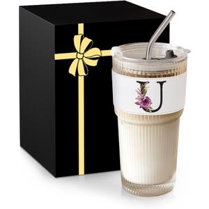 Monogram Glass Cup with Lid Straw Ribbed Ice Tea Coffee Matcha Women Lady National Latte Tumbler Boss Day Gifts Birthday Farewell Leaving Retirement Holiday Appreciation Funny Personalized Present U