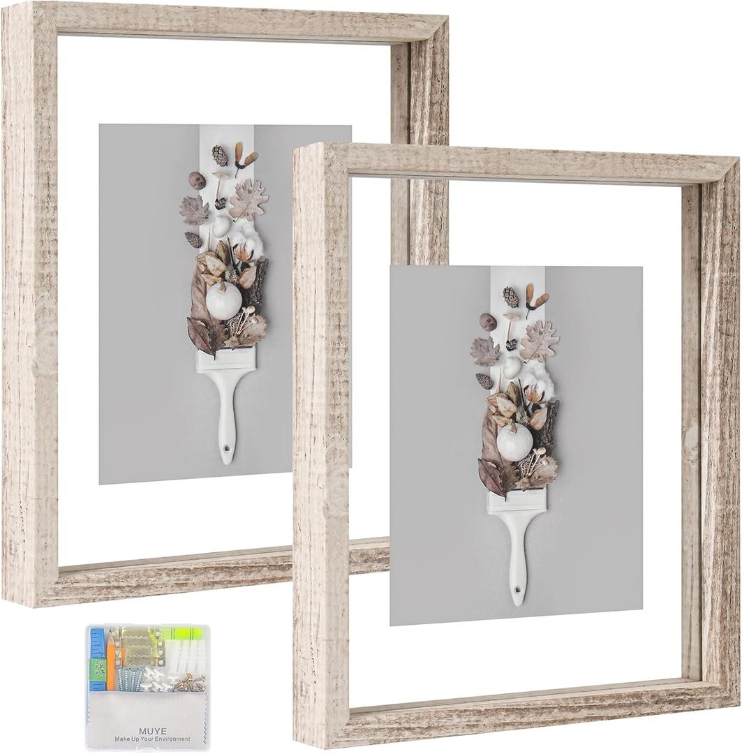 MUYE 8x10 Floating Frame Distressed Beige White Wood Pattern,Double Glass Picture Frame Set of 2 Display Any Size Photo up to 8x10,Wall Mount or Tabletop Stand