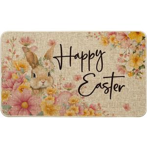Artoid Mode Rabbit Bunny Happy Flowers Happy Easter Doormat, Home Decor Low-Profile Switch Rug Door Mat Floor Mat for Indoor Outdoor 17x29 Inch
