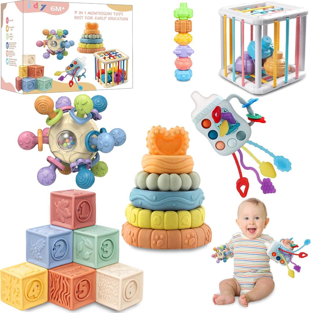 Baby Toys 0-6-12 Months,Montessori Toys for babise 0-6-12-18 Months,Incl Pull String Toy & Shape Sorter & Stacking Building Block & Manhattan ball & Baby Blocksmontessori baby toys for 1 + year