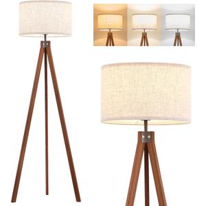 ELYONA Solid Wood Tripod Floor Lamp with 3 Color Temperatures LED Bulb, Mid Century Modern Reading Standing Light Nature Linen Shade Tall Night Light for Bedroom Living Room Office Study Room, Brown