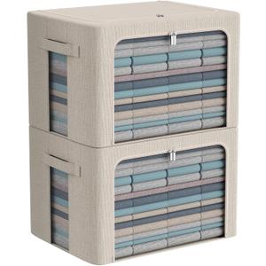 Extra Large Clothes Storage Bins - Linen Fabric Foldable Stackable Container Organizer Set with Clear Window & Carry Handles & Metal Frame - 2Pack Large Capacity for Bedding, Blankets, Books (Beige)