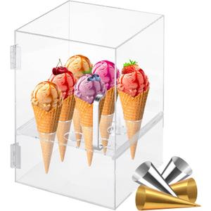 Acrylic Ice Cream Cone Holder 9 Holes Ice Cream Cones Cabinet with 10 Paper Cups, Ice Cream Cone Display Case for Waffle Cones Desserts Sushi Display