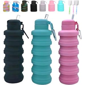 Collapsible water bottles 3 Pack with brush,BPA Free Travel Silicone Water Bottle with Carabiner,Reusable Foldable Portable Lightweight Sports bottles for Gym Camping Hiking (Black+Pink+Blue)