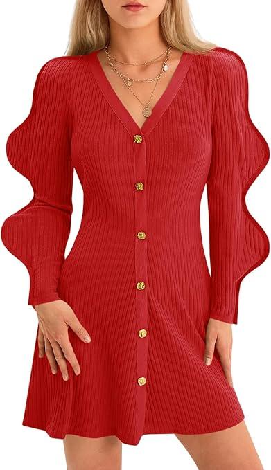 Wenrine Womens Puff Long Sleeve Sweater Dress Casual Button Down V Neck Ribbed Knit A Line Party Fall Mini Dresses Size L
