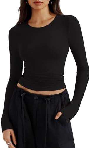REORIA Long Sleeve Shirts for Women 2024 Fall Fashion Round Neck Basics Y2K Tops Layering Slim Fitted Top ,Size S