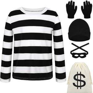 JUANSI Adult Halloweent Robber Costume Set Black and White Striped Tee Shirt Canvas Bag Gloves Eye Patch and Beanie Cap (Small, Male)