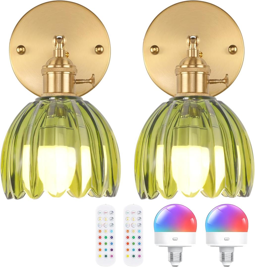 Vintage Battery Operated Wall Sconce with Cute Green Tulip Glass Lampshade Wireless Rechargeable Battery Powered Wall Light with Remote Control for Bedside Bedroom Doorway, Set of 2
