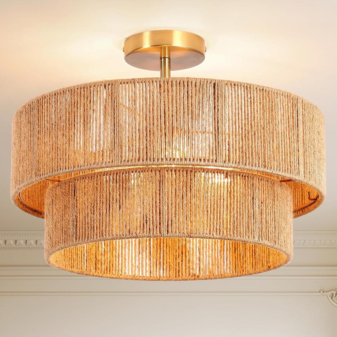 18''Boho RattanCeiling LightHandwoven Semi Flush Mount Fixture for Bedroom,Living Room, Kitchen, Hallway, Dining Room