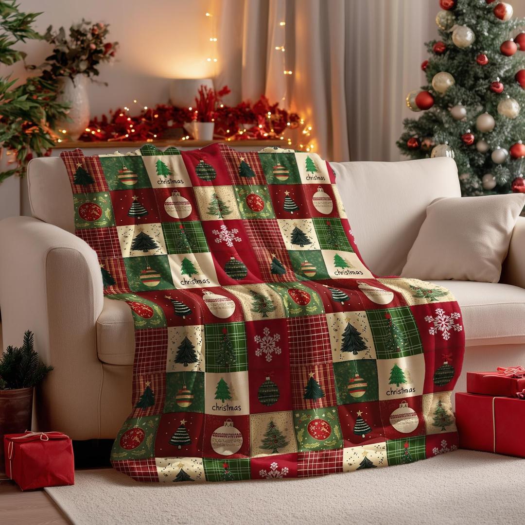 Horaldaily Christmas Flannel Blanket Throw, Red Green Checkered Tree Snow Ornaments Soft Fuzzy Plush Cozy Fleece Blankets for Couch Sofa Bed Lounging, Ideal Gifts for Kids Adults Wife Self, 50x60