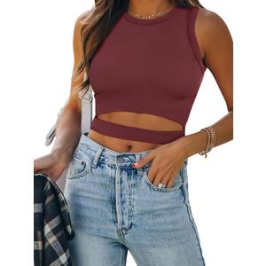 ANRABESS Women Tank Tops High Neck Sleeveless Sexy Cutout Racer Back Going Out Crop Tops Shirts Summer Y2K Outfits (Medium, Wine Red)