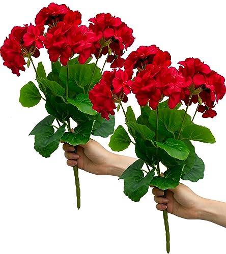 Mumiko 2PCS 18'' Artificial Geraniums Silk Flowers Plants Home Outdoor Decor Garden Ruby Red
