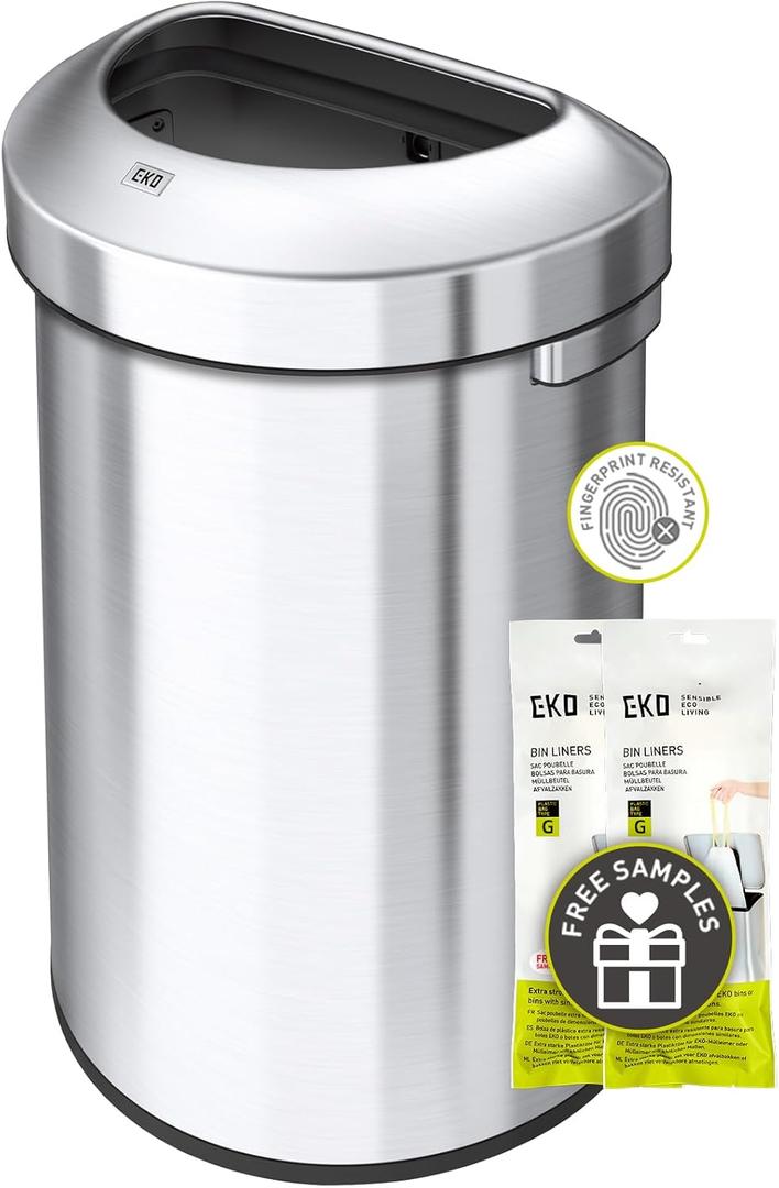 EKO Urban 21 Gallon Semi-Round Open Top Waste Bin, Stainless Steel Half Round Commercial Trash Can for Indoor and Outdoor, Extra Large Metal Garbage Bin for Home, Office, Restaurant, Restroom, 80L