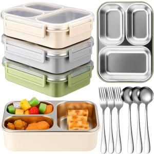 3 Pack Stainless Steel Lunch Box for Kids 25oz 3 Compartment Leak-proof Metal Bento Box with Lid Fork Spoon Meal Prep Snack Container for Adults Office Outdoor Gym, Dishwasher Safe