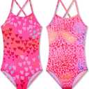 LUOUSE Girls Sparkle Swimsuits Quick Dry Crossback One Piece Beach Swimwear Bathing Suit with Adjustable Strap 4-9 Years (5-6 Years, 30 Pink Heart/Pink Leopard)