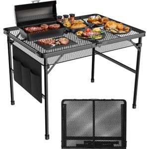 3x2 FT Folding Grill Table, Portable Camping Table for Outside, Adjustable Height Folding Table with Desktop & Mesh Bag, Lightweight Outdoor Table for Camping, Picnic, BBQ (3x2FT, Black)