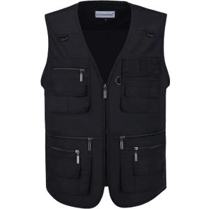 Men's Stone Washed Denim Multi-pocketed Fishing Work Outerwear Vest, Black, XL