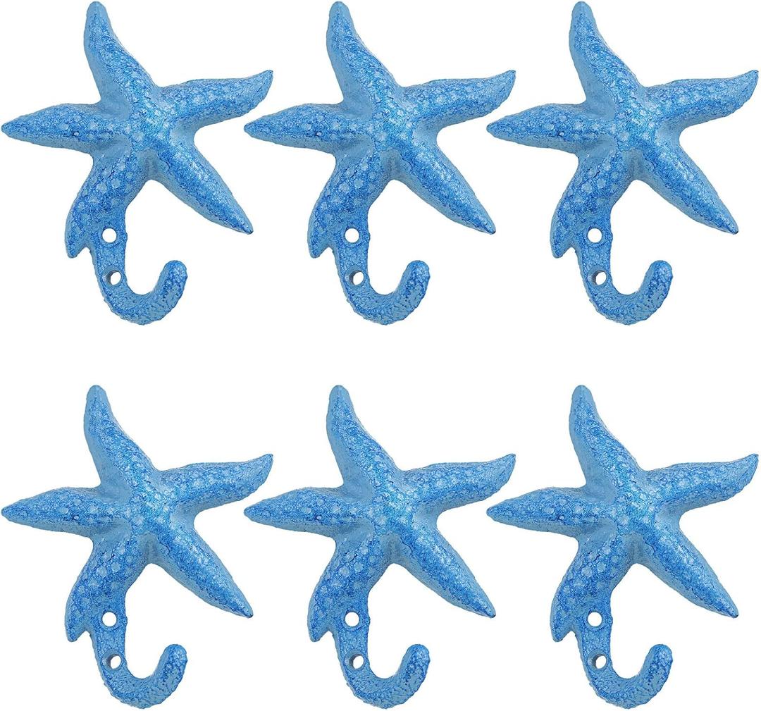 Ferraycle Set of 6 Starfish Cast Wall Hooks Outdoor Decorative Wall Hooks Blue Sea Star Iron Towel Hooks Antique Starfish Decorative Coat Hooks for Aprons Hats Keys Bathroom Kitchen