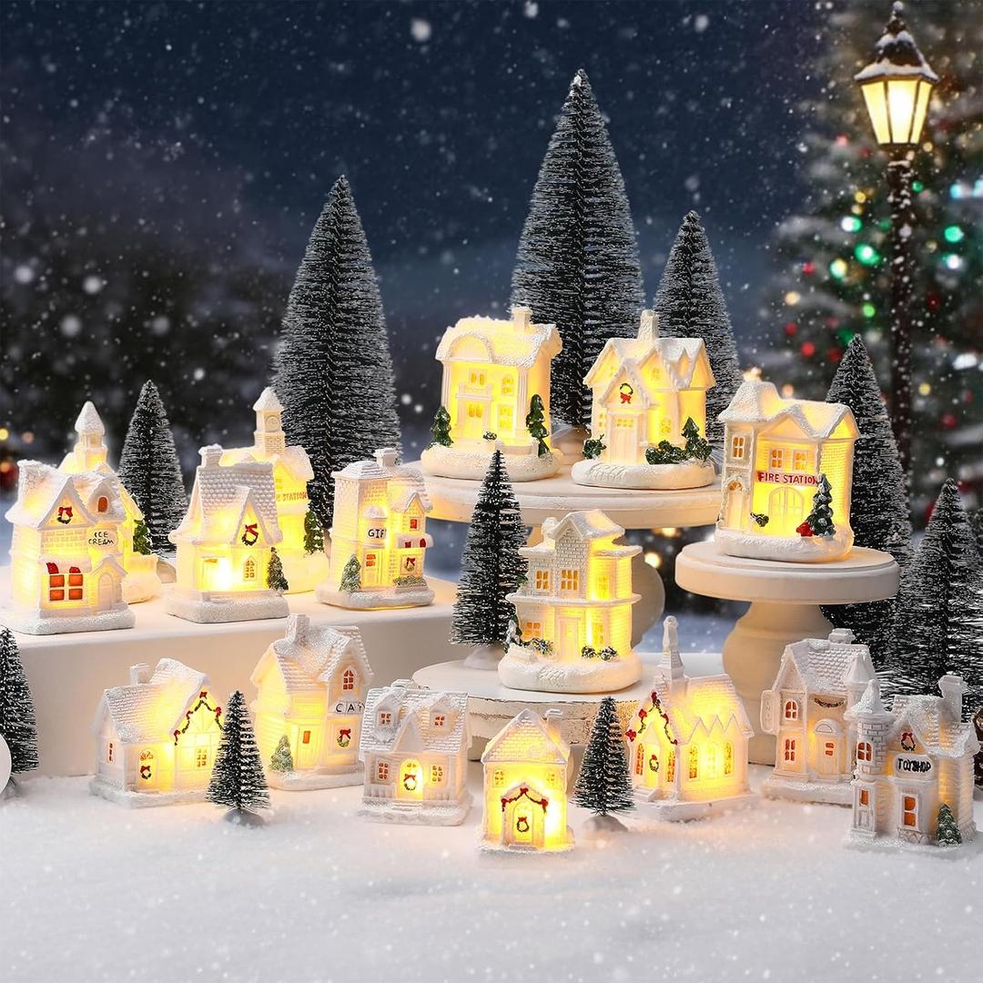 Vinsot 26 Pcs Resin Winter Miniature Village Sets Light up,Scene Town, 8 LED Houses Figurines, and 8 Pine Trees, Snow Table Decor for Winter Building Ornaments