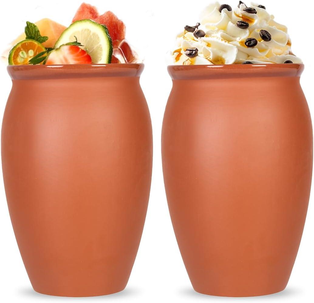 2-Pack Cantaritos de Barro Mexicanos  12 oz Handmade Clay Cups for Margaritas, Taco Tuesday, Mexican Fiesta (Dishwasher & Microwave Safe) (Terracotta)