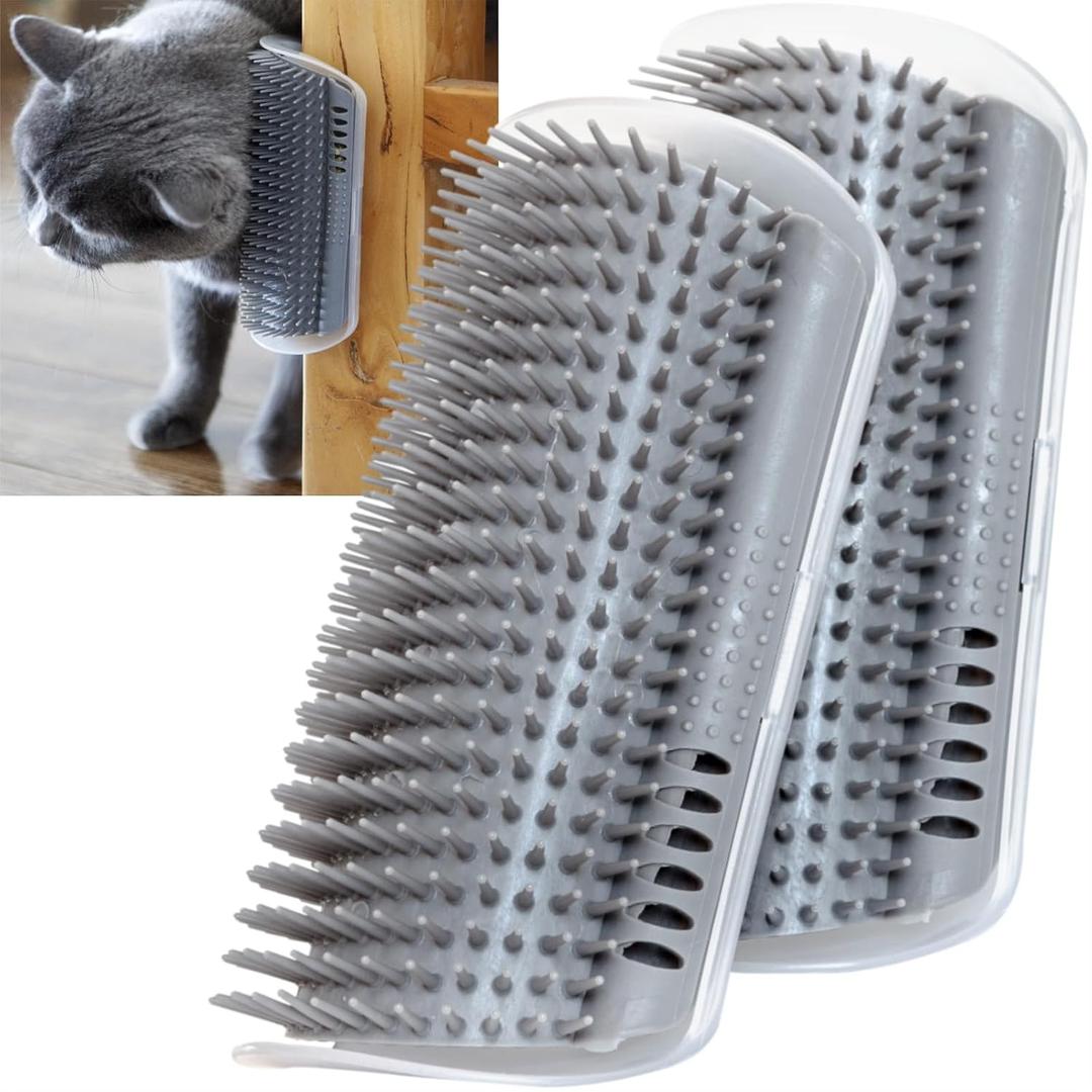 Extended (6.1") 2 Pack Self Grooming Cat Brush - Wall Corner Scratcher with Massage Combs for Long and Short Fur Cats, Kittens (Grey)
