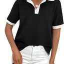 PRETTYGARDEN Summer Short Sleeve Polo Shirts for Women Collared V Neck Work Dressy Tops Knit Loose Business Casual Outfits (Black, S)