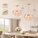 WMK Modern Chandelier, 20" Gold Dining Room Chandelier with Handcrafted Glass Petal Design, 6-Light Hanging Ceiling Light Fixture, 3 Color Adjustable Pendant Lamp for Kitchen Island, Bedroom, Foyer
