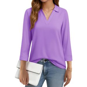 YUCOLEN 3/4 Sleeve Tunic Tops for Women V Neck Collared Shirts Chiffon Work Blouses Dressy Casual S-XXL (Purple, L)
