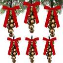 Halloscume 6 Set Winter Jingle Bell Iron Cluster Gold with Red Velvet Bow Metal Vintage Bells with Jute Hanging Rope Decorative Winter Rustic Bow Bell for Wreaths, Outdoor, Indoor,Decorations
