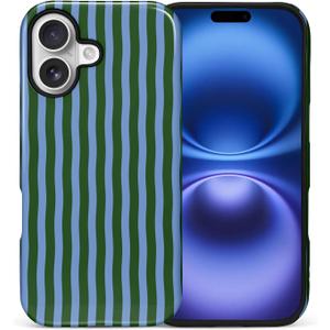 for iPhone 17 Case, Green and Blue Stripe Hybrid 2 Layer Hard Shell Silicone Protective Pattern Design Case