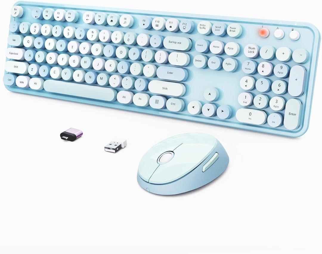 Wireless Keyboard and Mouse Combo, Ergonomic Full Size Typewriter Retro Round Keycaps Keyboard, Compatible with Windows, PC, Perfer for Home and Office Keyboards (Blue