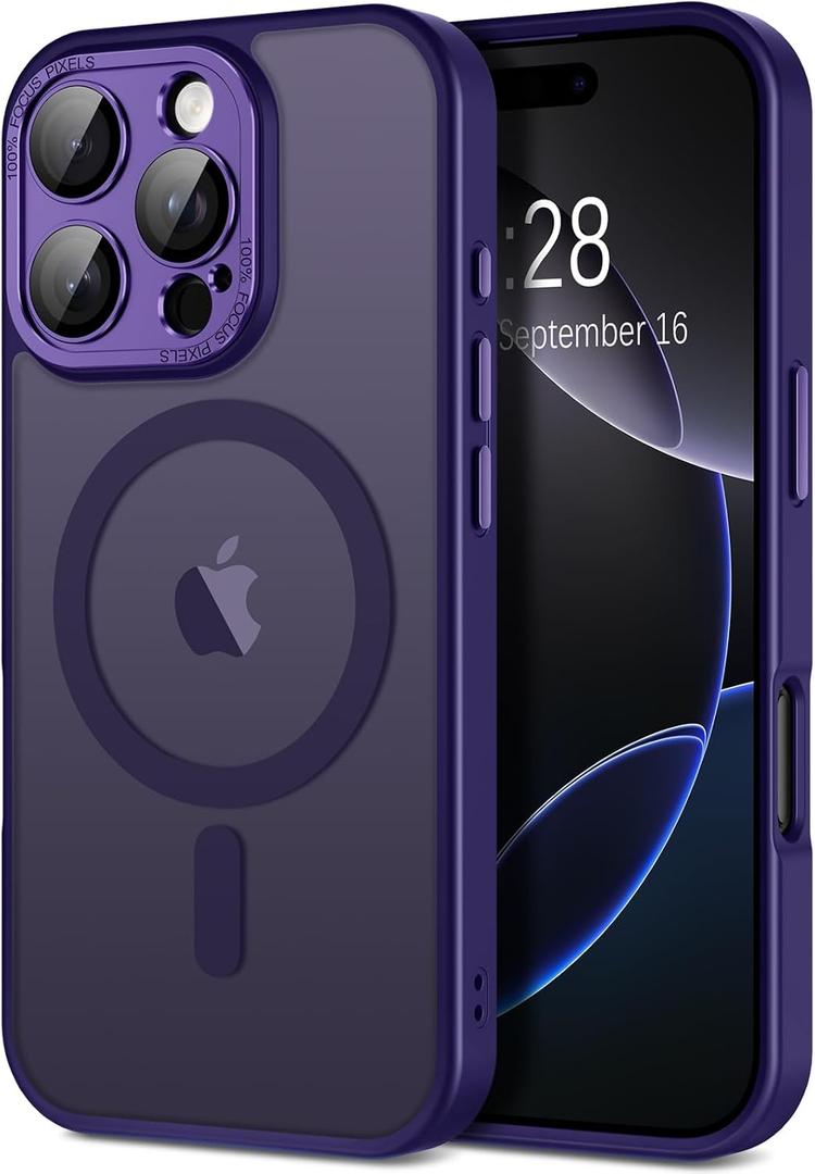 Hython for iPhone 16 Pro Case Magnetic Translucent Matte Phone Cases with Camera Cover Lens Protector [Compatible with MagSafe] Slim Shockproof Bumper Protective Cover for Women Men, Deep Purple