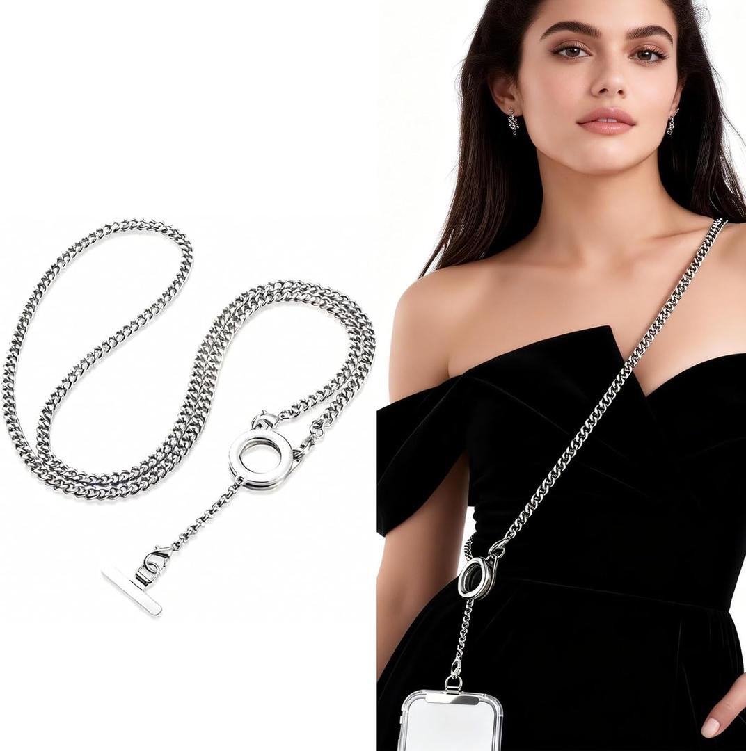 Magnetic Lock Quick Release Phone Strap Crossbody Chain with Anti-Slip Ring Holder Detachable Phone Lanyard for iPhone Samsung Anti-Drop Anti-Loss Strap with Steel Clip Durable Neck Cross Body Silver