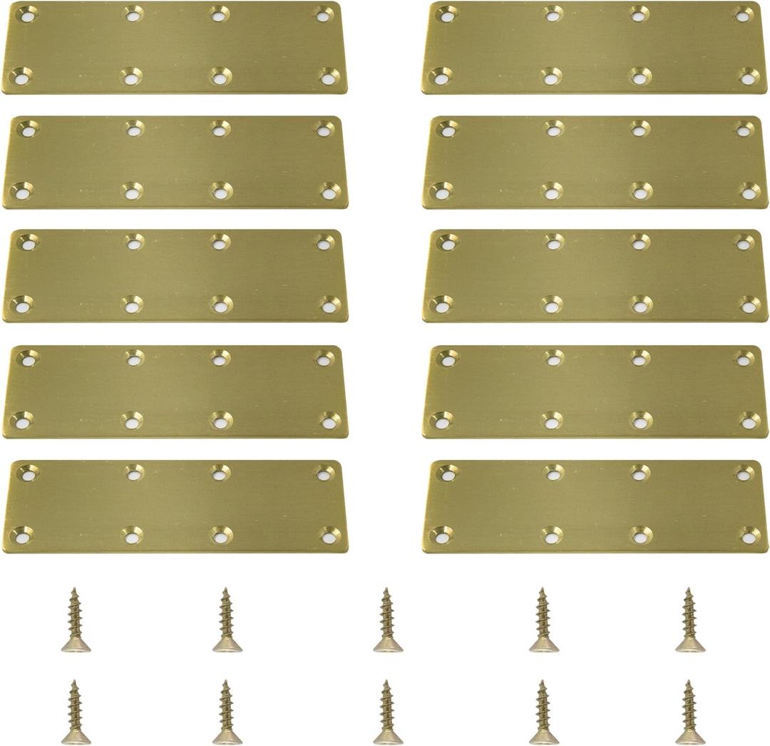 10 PCS Gold Mending Bracket Plate Support, Straight Stainless Steel Repair Plates Brace Metal Shelf Support Heavy Duty Thicken Fixing Bracket Connector Hardware with Screws(5.9"x1.9")