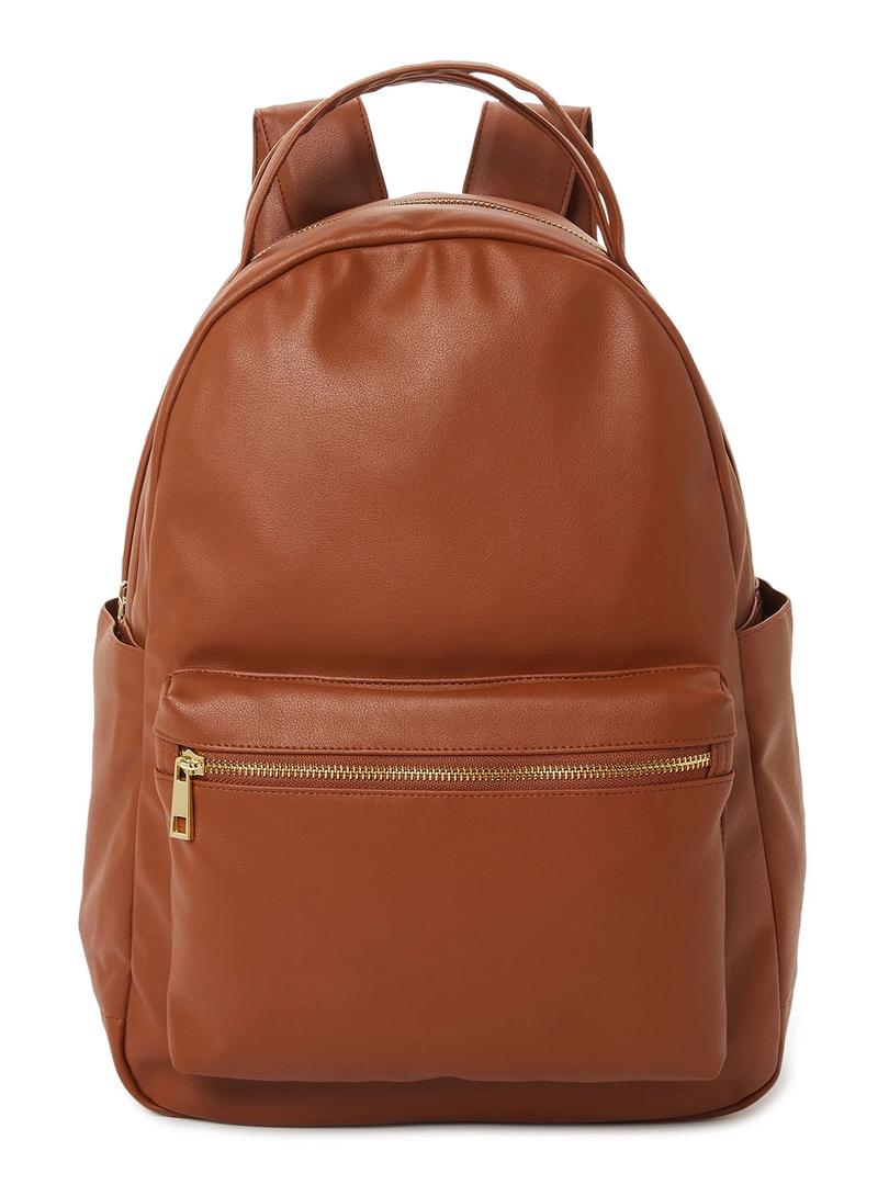 No Boundaries Women's Dome Zip Backpack, Cognac Faux Leather