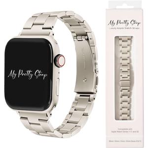 My Pretty Strap - Compatible Apple Watch Band Strap, Stainless Steel Fashion iWatch Replacement Strap- Easy Resizing, No Tool Needed, Fits Most Wrists- Compatible with Series 1-11, SE and Ultra (Series 1-3 - 42MM), Classic Vogue Starlight)