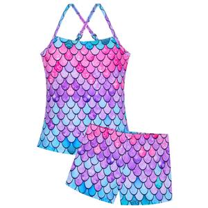Girls Swimsuit Size 7-8 Years Old Colorful Scale Two Piece Swimsuit Tankini Sets Swimwear with UPF 50+ Sun Protection (Pink)