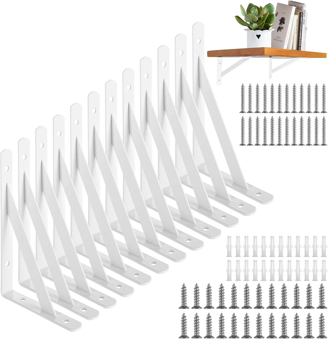 JMIATRY 12PCS White Shelf Brackets 6 Inch White L Bracket for Shelves, Wrought Iron Heavy Duty Triangle Shelf Brackets 6 Inches, Wall Mounted Floating Corner Shelving Bracket with Mounting Screws