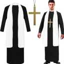 Jiuguva 3 Pcs Halloween Priest Costume for Men Adult with Father Robe White Stole Cross for Halloween Dress up Party (X-Large)