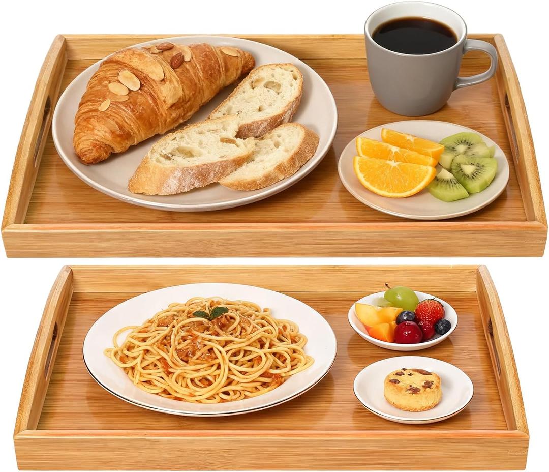 2-Pack Bamboo Serving Trays with Handles, 16" and 13", Decorative Food Tray Set for Breakfast, Coffee, Tea, Snacks, Ideal for Coffee Table, Ottoman, Living Room & Kitchen (Gray)