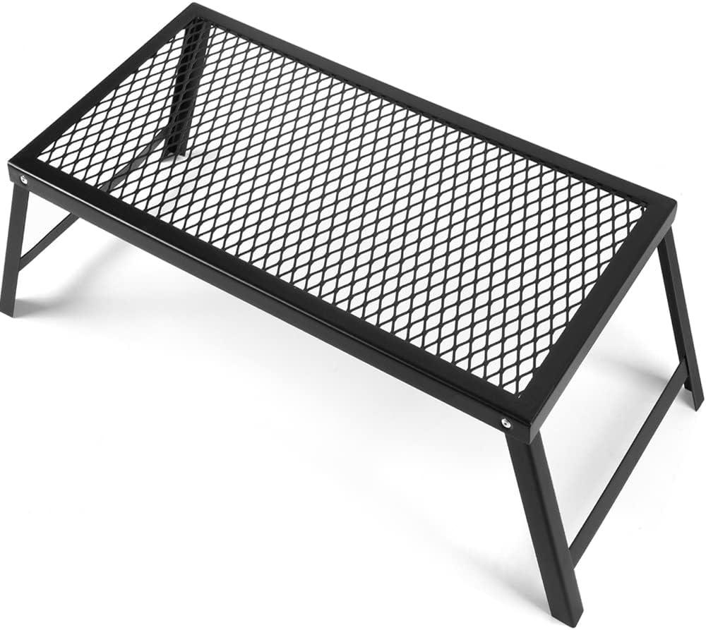 Folding Campfire Grill, 21.6" x 11.8" Heavy Duty Steel Grate with Legs, Portable Over Fire Camp Grill for Outdoor Cooking Traveling BBQ Picnic, Black