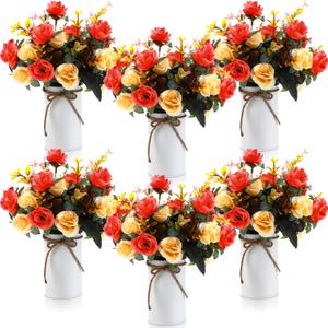 Domensi 6 Sets Wedding Centerpiece for Table Artificial Rose with Vase Fake Bouquets and Metal Pot Floral Arrangements for Holiday Party Event Table Decor (Orange)
