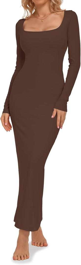 Relety Women's Bodycon Maxi Dresses Ribbed Long Sleeve Lounge Long Dress Square Neck Formal Casual Dresses for Women (Medium, Coffee)