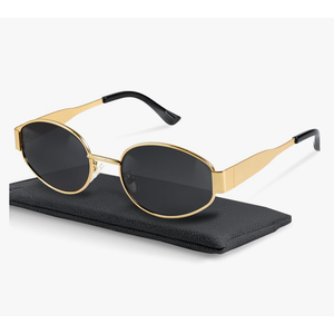 livho Retro Polarized Sunglasses - UV400 Protection, Oval Shape, Metal Frames - Matching Soft Case Inlcuded