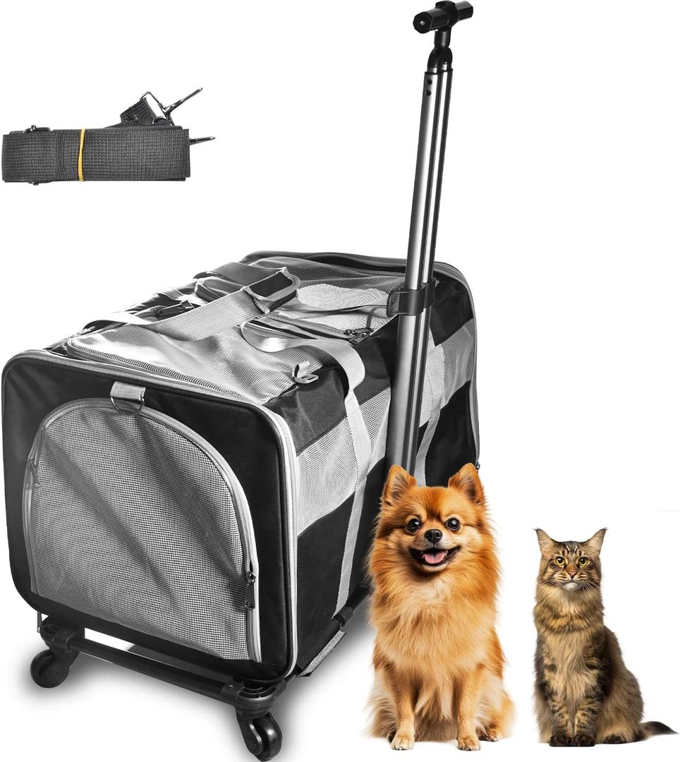 Cat Carrier for 2 Cats, Large Dog Cat Carrier with Wheels for Under 44lbs, 23.7" x 15.8" x 13.8" Rolling Pet Carrier with Removable Pole Platform and Upgraded Wheels Dog Cat Travel Carrier (Black)